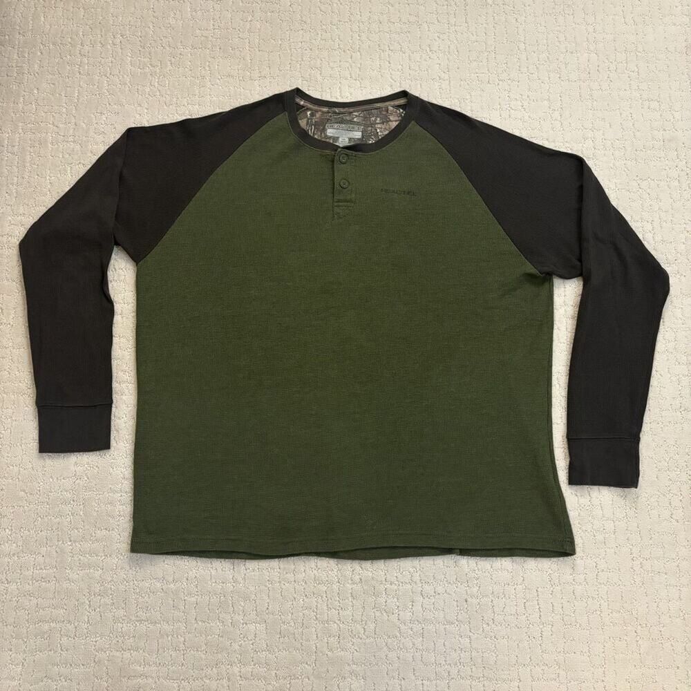 Realtree Thermal Henley Shirt Mens 2XL Green Gray Raglan Sleeve Waffle Knit Camo